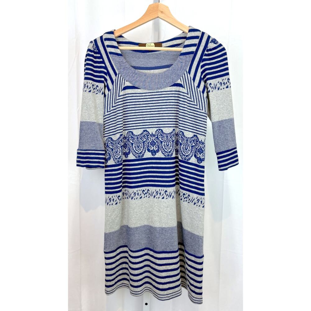 EVA FRANCO 4 Striped Knit Shimmer Dress Scoop Neck Elbow 3/4 Sleeve Blue Gray